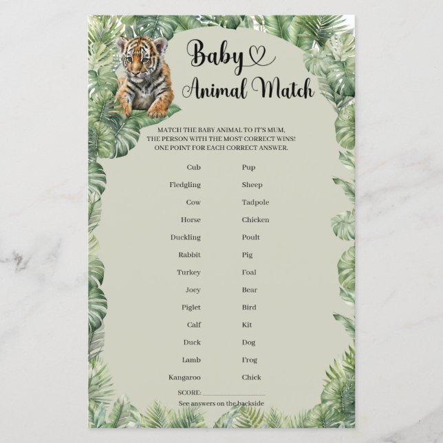 Lámina Boho Jungle Safari Animales Baby Animal Match (Anverso)