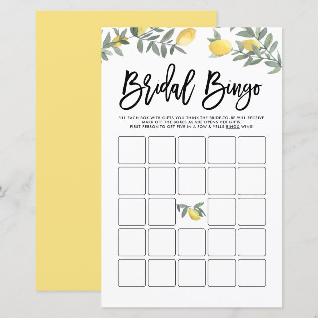 Lámina Boho Lemon Summer Bridal Shower Bingo Game Card (Anverso / Reverso)
