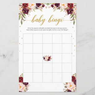 Lámina Boho marsala burgundy oro floral bebé bingo juego