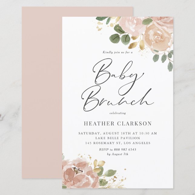 Lámina Boho Mauve Peach Flowers Baby Brunch Invitación (Anverso / Reverso)
