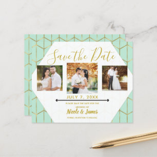 Lámina Boho Mint Green Hexagon Gold Geométrica Save Date