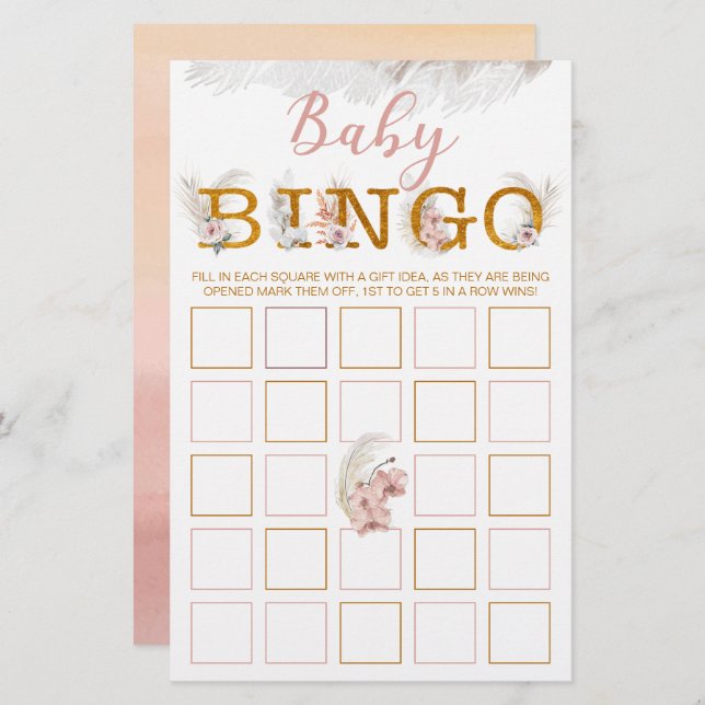 Lámina Boho Pampas Baby Shower Bingo Game Card (Anverso / Reverso)