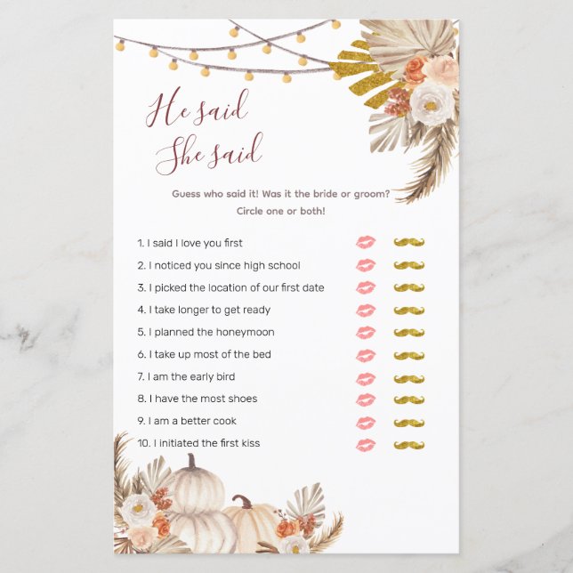 Lámina Boho Pampas Calabaza de Grass Dijo que dijo juegos (Anverso)