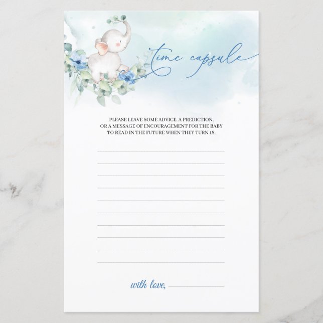 Lámina Boho polvoriento flores azules niño elefante Tiemp (Anverso)