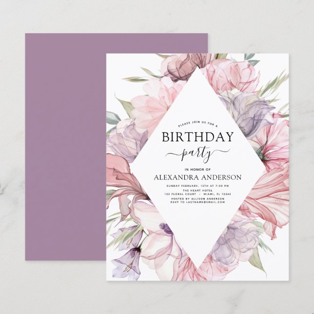 Lámina Boho presupuesto Purple Any Age Birday Floral (Anverso / Reverso)
