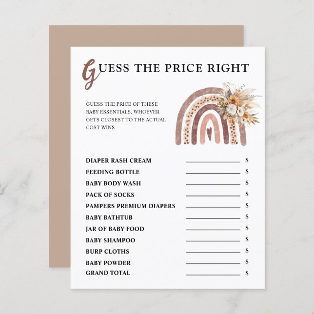 Lámina Boho Rainbow | Adivina El Precio Correcto Baby Sho (Anverso / Reverso)