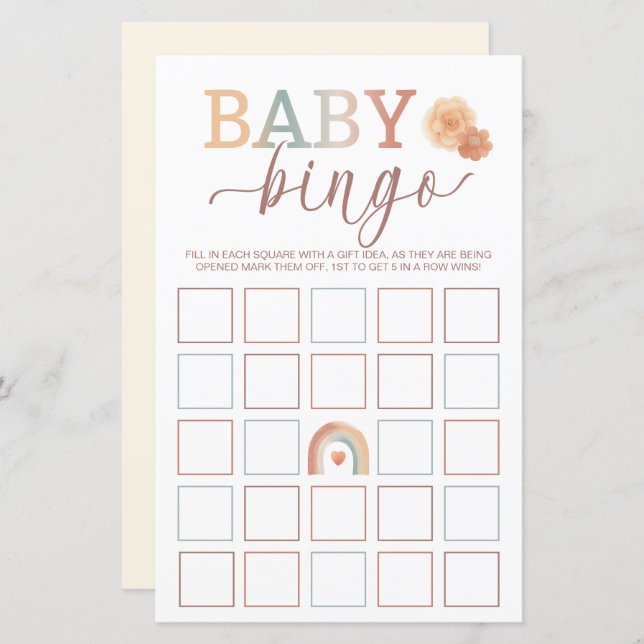Lámina Boho Rainbow Baby Bingo Game - Watercolor Baby Sho (Anverso / Reverso)