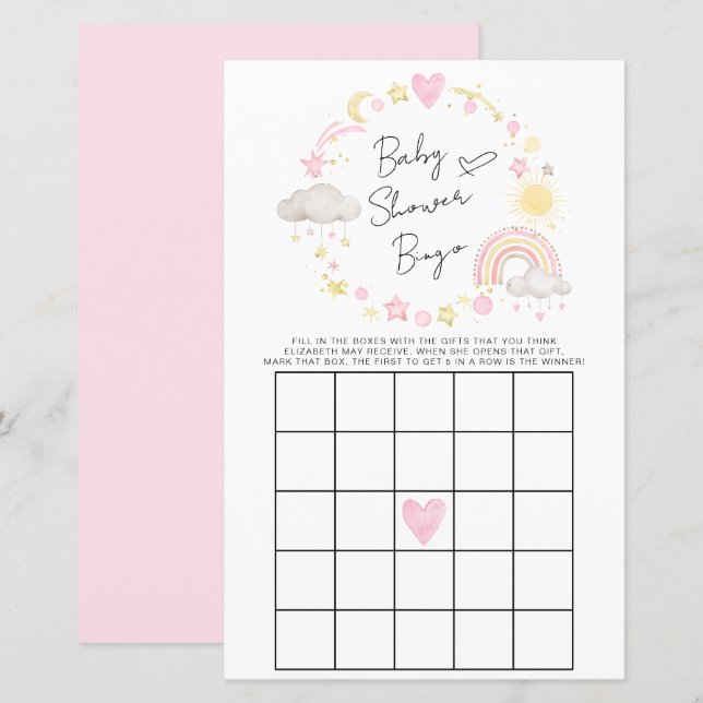 Lámina Boho Rainbow Baby Girl Shower Bingo Juego (Anverso / Reverso)