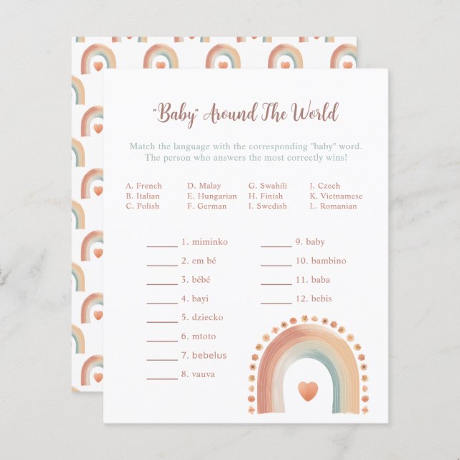 Lámina Boho Rainbow Baby Shower Game - Watercolor Earthy (Anverso / Reverso)