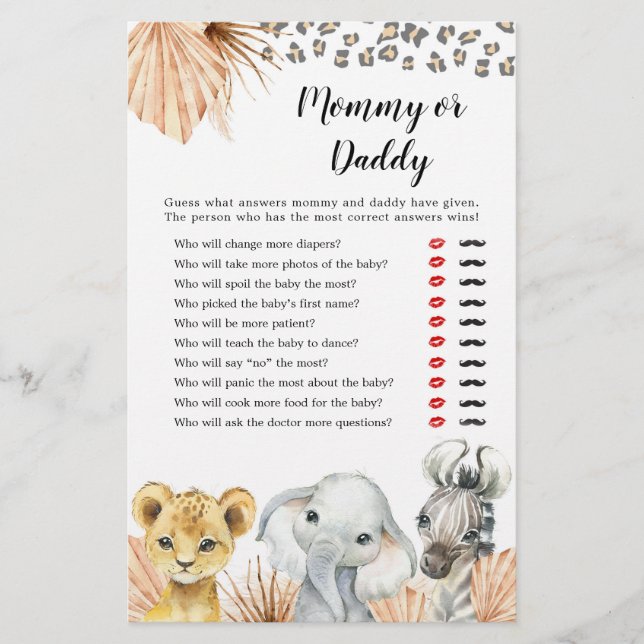 Lámina Boho Sage Green Safari Oh Boy Mommy or Daddy Game (Anverso)