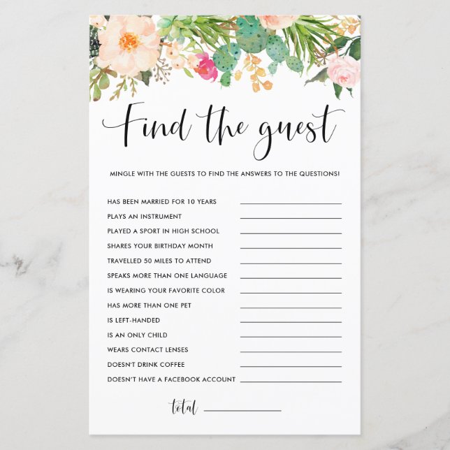 Lámina Boho Succulents Floral Find the Guest Game (Anverso)