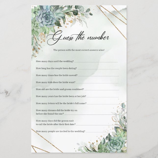 Lámina Boho suculenta oro eucalipto Adivina El número (Anverso)