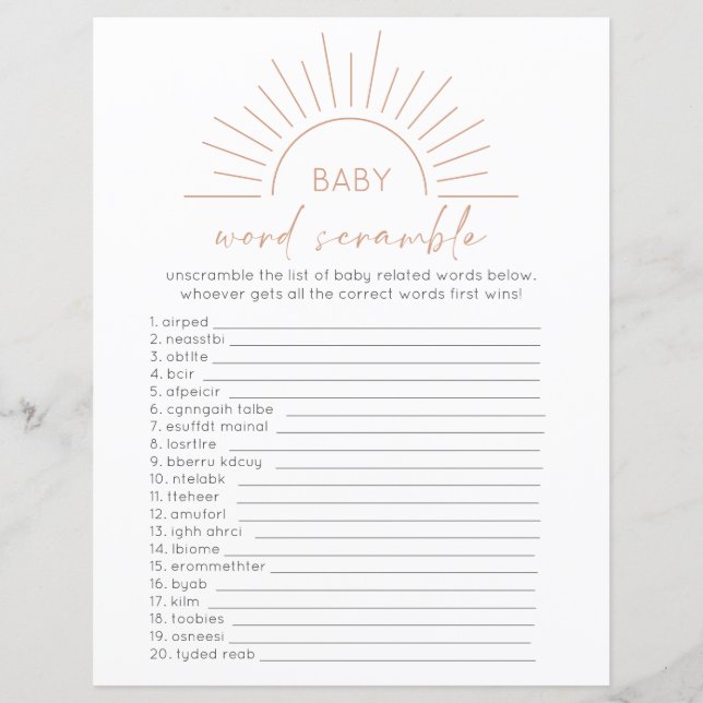 Lámina Boho Sun Baby Shower Word Scramble (Anverso)