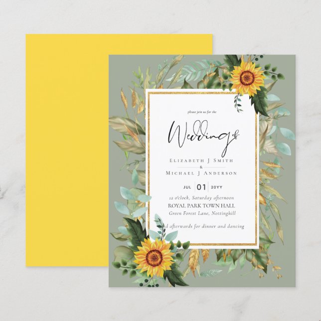Lámina Boho Sunflowers Greenery Watercolor Boda PRESUPUES (Anverso / Reverso)