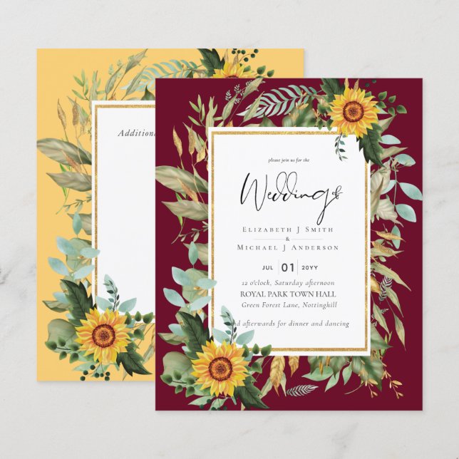 Lámina Boho Sunflowers Greenery Watercolor Boda PRESUPUES (Anverso / Reverso)
