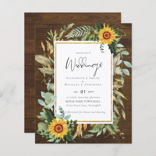 Lámina Boho Sunflowers Greenery Watercolor Boda PRESUPUES (Anverso / Reverso)