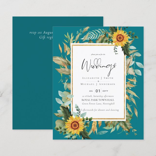 Lámina Boho Sunflowers Greenery Watercolor Boda PRESUPUES (Anverso / Reverso)