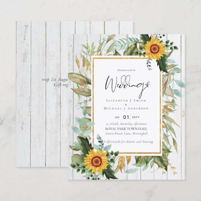 Lámina Boho Sunflowers Greenery Watercolor Boda PRESUPUES (Anverso / Reverso)