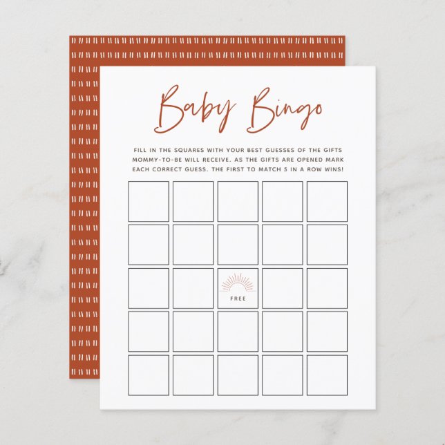 Lámina Boho Sunshine Baby Bingo Juego (Anverso / Reverso)