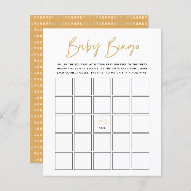 Lámina Boho Sunshine Baby Bingo Juego (Anverso / Reverso)