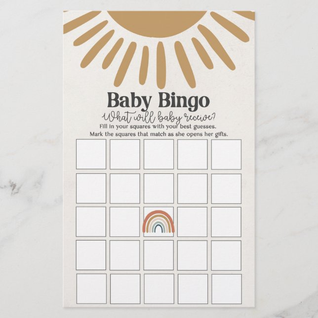 Lámina boho sunshine baby bingo, juego de ducha para bebé (Anverso)