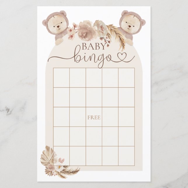Lámina Boho Teddy Bear Bingo Juego de Baby Shower (Anverso)