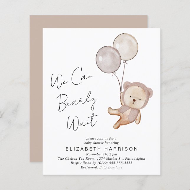 Lámina Boho Teddy Bear Globos Invitación a Baby Shower (Anverso / Reverso)