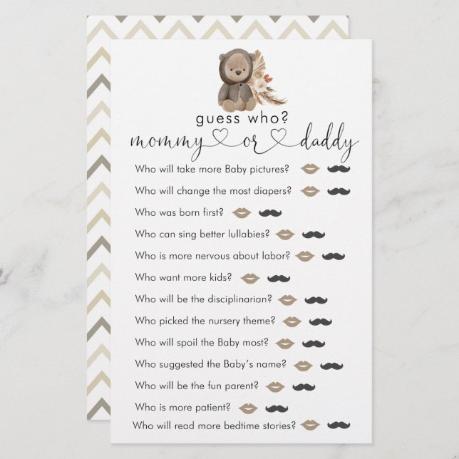 Lámina Boho Teddy Oear Baby Shower Adivina quién juega (Anverso / Reverso)