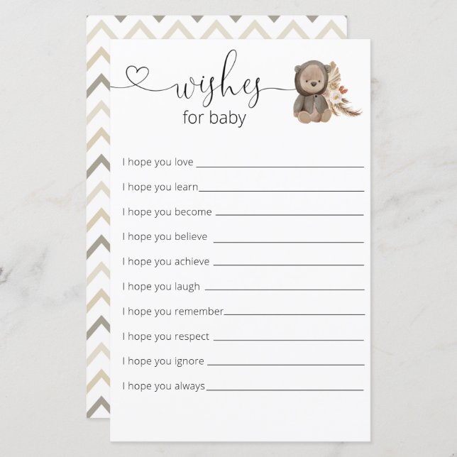 Lámina Boho Teddy Oso Los Deseos De Baby Shower Para El B (Anverso / Reverso)
