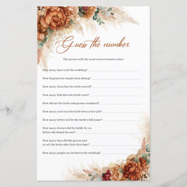 Lámina Boho terracotta burgundy pampas adivina el número (Anverso)