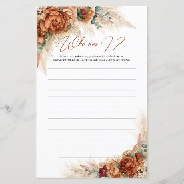 Lámina Boho tropical terracota pampas oxidado ¿Quién soy? (Anverso)