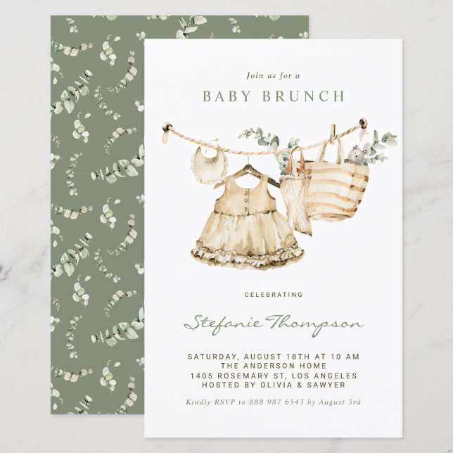 Lámina Boho Watercolor Clothesline Baby Brunch Invite (Anverso / Reverso)