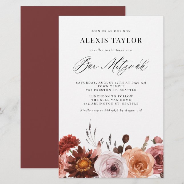 Lámina Boho Watercolor Fall Flower Bar Mitzvah Invitación (Anverso / Reverso)