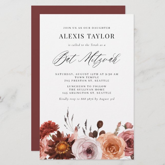 Lámina Boho Watercolor Fall Flower Bat Mitzvah Invitación (Anverso / Reverso)
