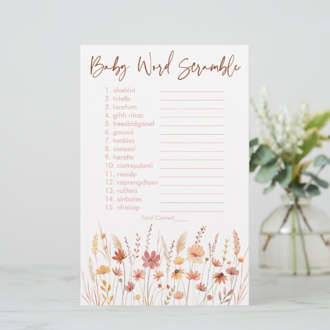 Lámina Boho Wildflowers Baby Shower Word Scramble Game (Anverso de pie)