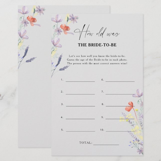 Lámina Boho Wildflowers Qué edad tenía la novia para juga (Anverso / Reverso)