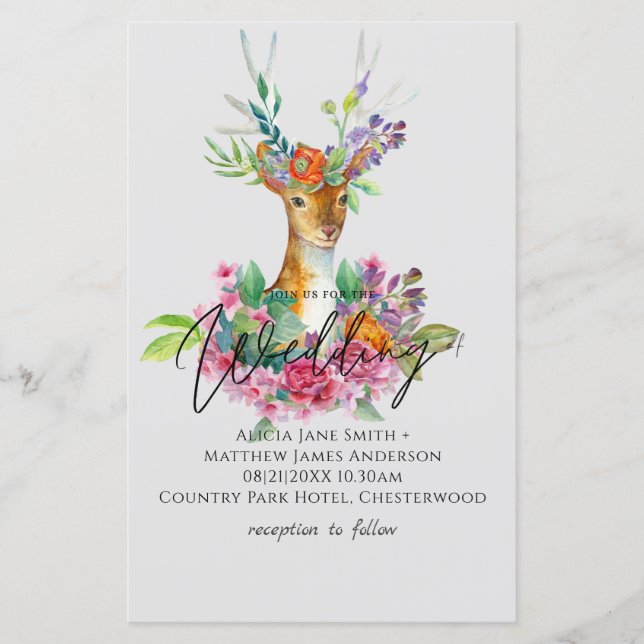 Lámina Boho Woodland Deer Floral Budget Wedding (Anverso)