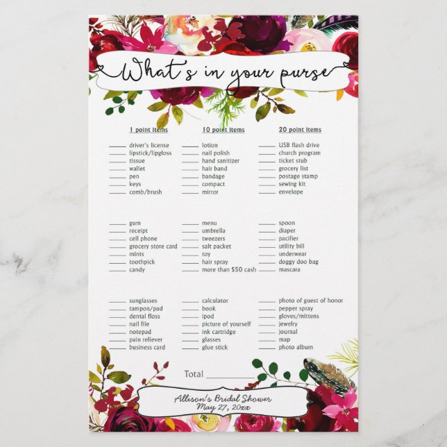Lámina Bolsa de juegos de ducha de novia / bingo, floral  (Anverso)