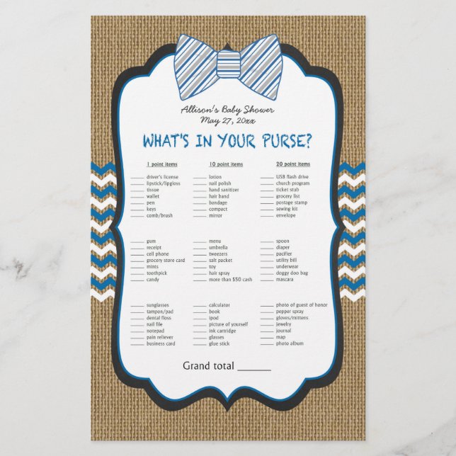 Lámina Bolso de juegos de Baby Shower Bow Tie Boy / bingo (Anverso)