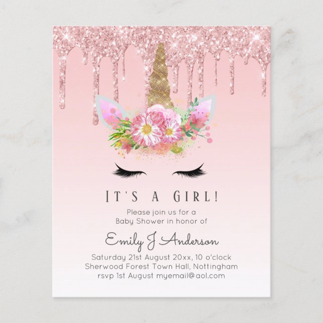 Lámina Bonito en rosa es un Chica - Unicornio Baby Shower (Anverso)