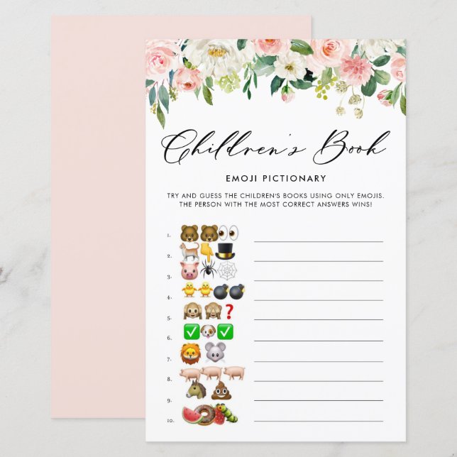 Lámina Bonito Flores Emoji Pictionary Baby Shower Game (Anverso / Reverso)