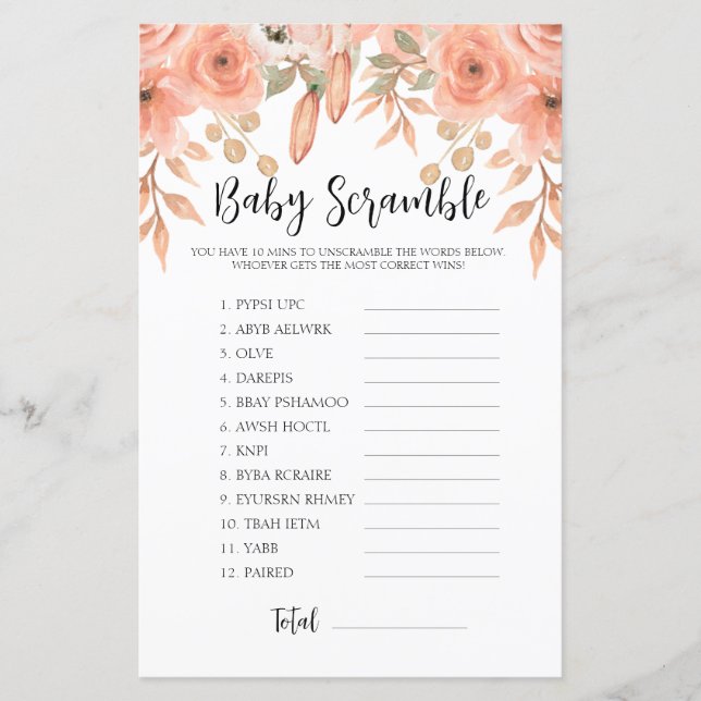 Lámina Bonito Watercolor Spring Word Scramble Baby Shower (Anverso)