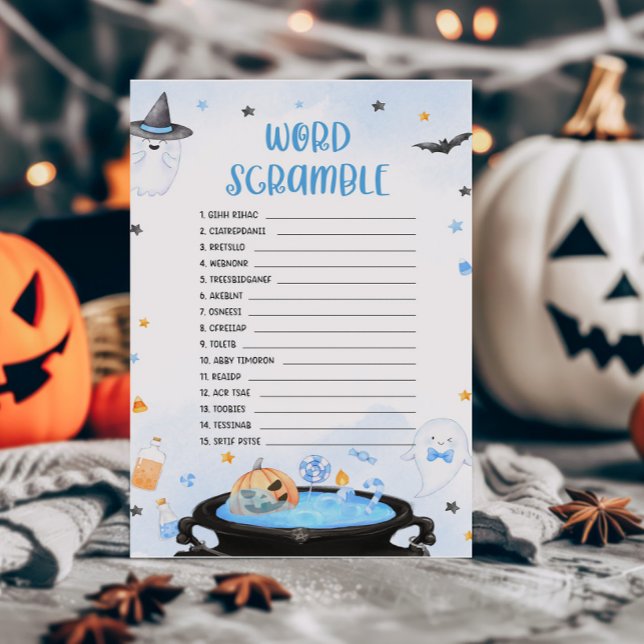 Lámina Boo-oy Halloween Baby Shower Word Scramble Game (Blue Oh Sheet Baby Shower Word Scramble Game)