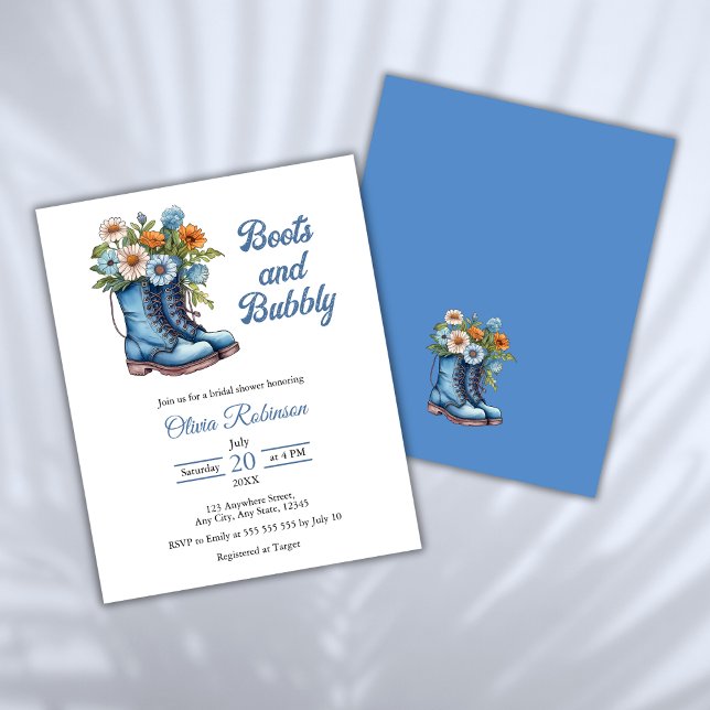 Lámina Boots presupuestales e invitación a ducha de novia (Budget Boots & Bubbly Western Cowgirl Blue Bridal Shower Invitation )