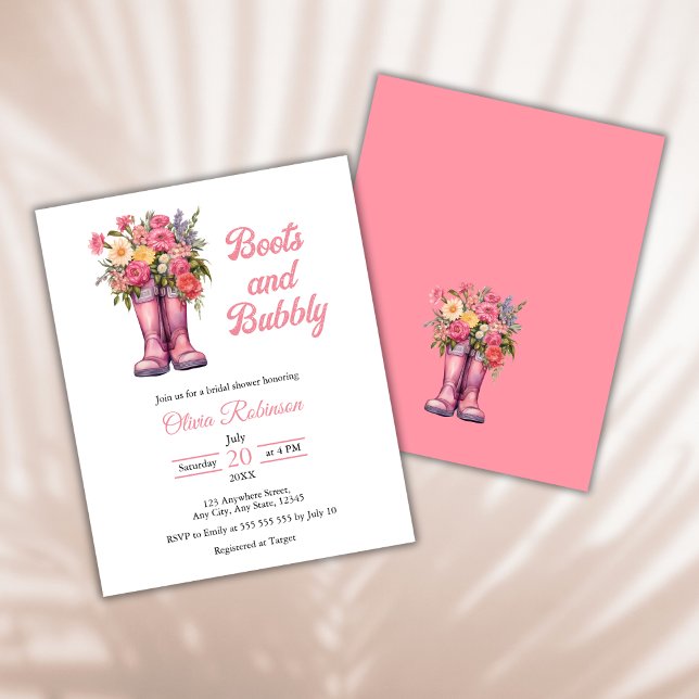 Lámina Boots presupuestales e invitación a ducha de novia (Budget Boots & Bubbly Western Cowgirl Pink Bridal Shower Invitation    )