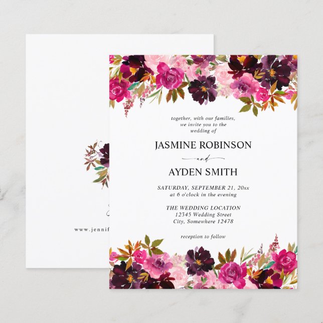 Lámina Borgoña, Boda floral rosa y morado (Anverso / Reverso)