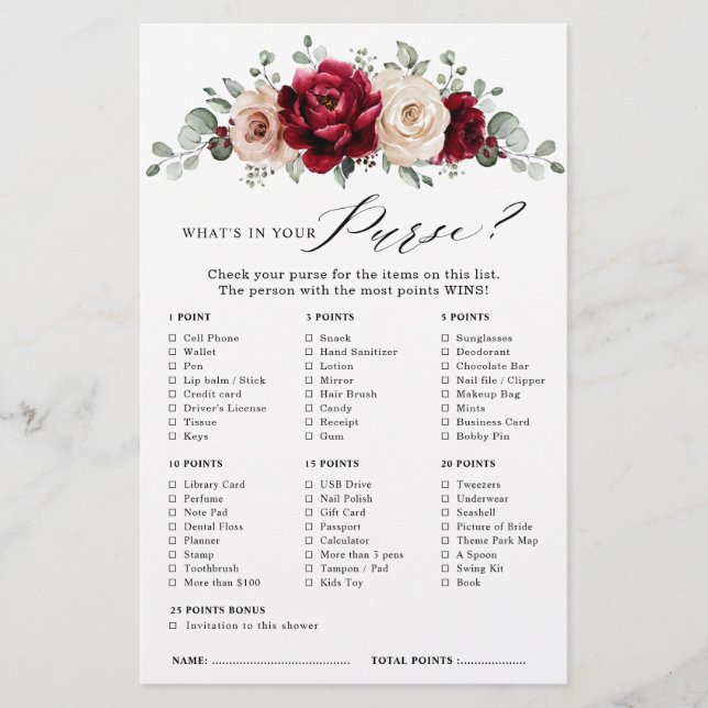 Lámina Borgoña Champagne Ivory Mauve Bridal Shower Game (Anverso)