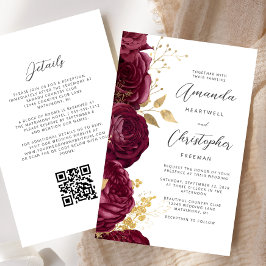 Lámina Borgona Dorada Floral Código QR Presupuesto Boda