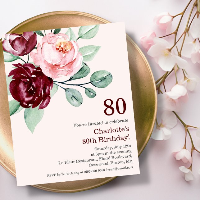 Lámina Borgoña Floral 80.ª invitación al cumpleaños (Subido por el creador)