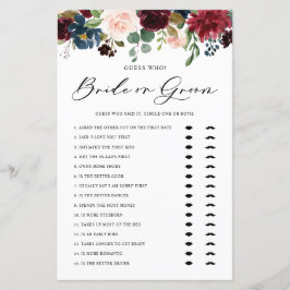 Lámina Borgoña Floral Bride o Groom Bridal Shower Game